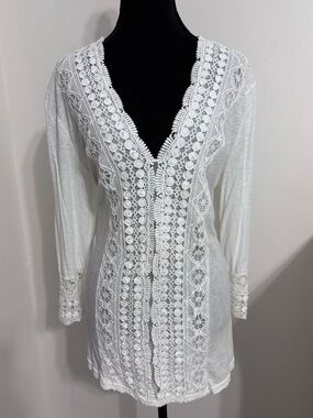 Blue Saks Fifth Avenue women’s white tunic size Large semi sheer crochet cotton